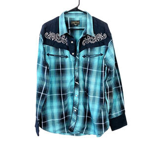 High Noon Embroidered Pearl Snap Western Cowboy Rodeo Long Sleeve Shirt Large